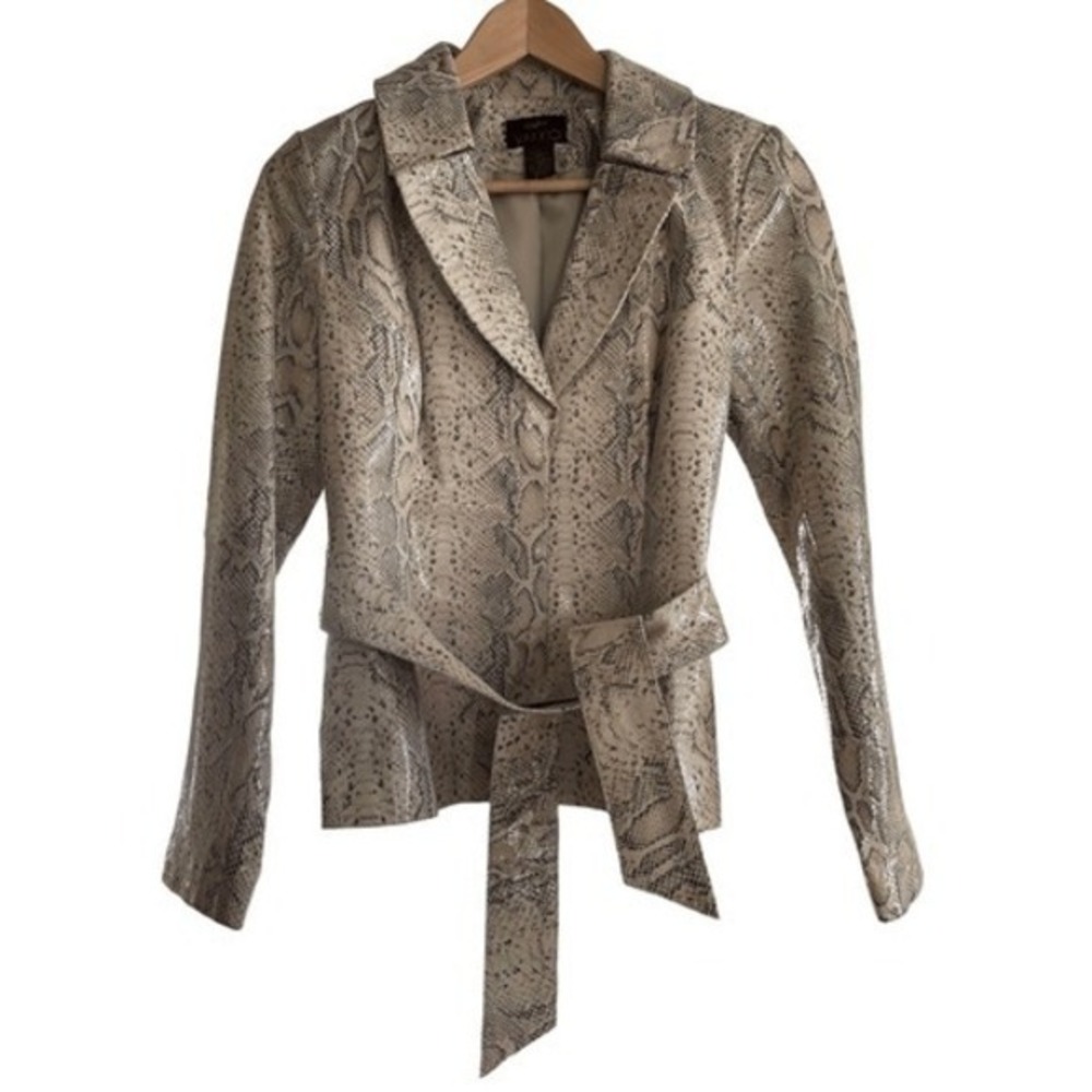 90s VTG RARE Vakko Snakeskin Print Genuine Leather Belted Jacket Made in‎ Turkey